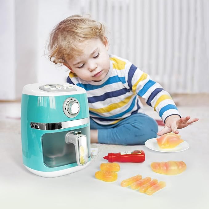 Play Kitchen Accessories, Pretend Kitchen Appliances Set with Toy Air Fryer for Kids with Sound and Lighting, Color-Changing Play Food, Birthday Gift for Boys and Girls Ages 3-5 4-8,Blue