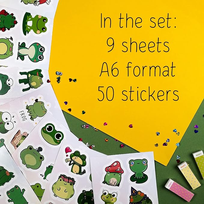 BulbaCraft Kawaii Frogs Stickers Set, 50 Pcs Green & White Vinyl Decals for Kids, Waterproof, Scratch Resistant, Indoor Usage, Single Use, Water Bottle, Laptop, Scrapbook, Journal, Frog Theme