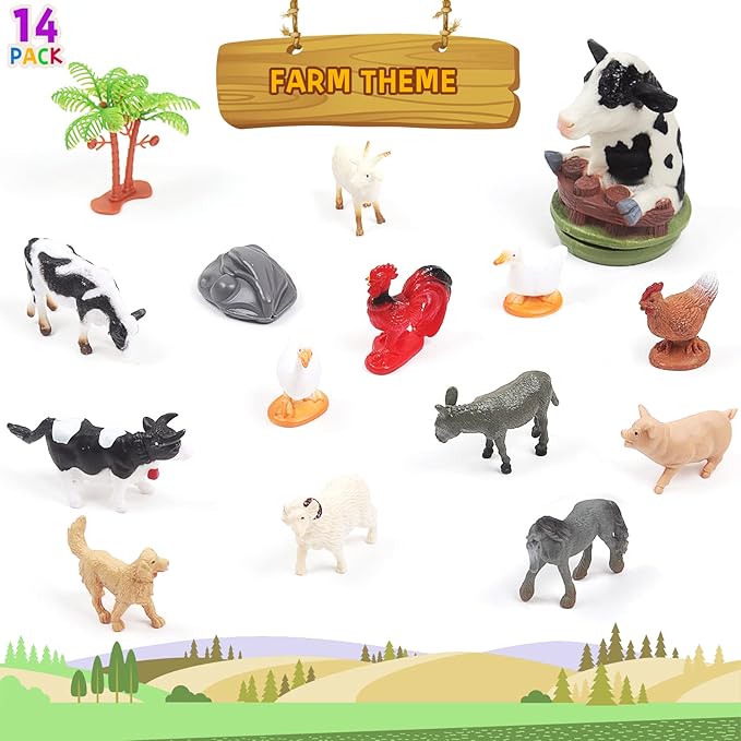 UNIQUE KIDS Mini Farm Animals Figure Creatures in Tube 15 pcs Set | Realistic Tiny Little Animals for Sensory Bin, Birthday Party Favor, Toddler 3-5 (Farm Animals)