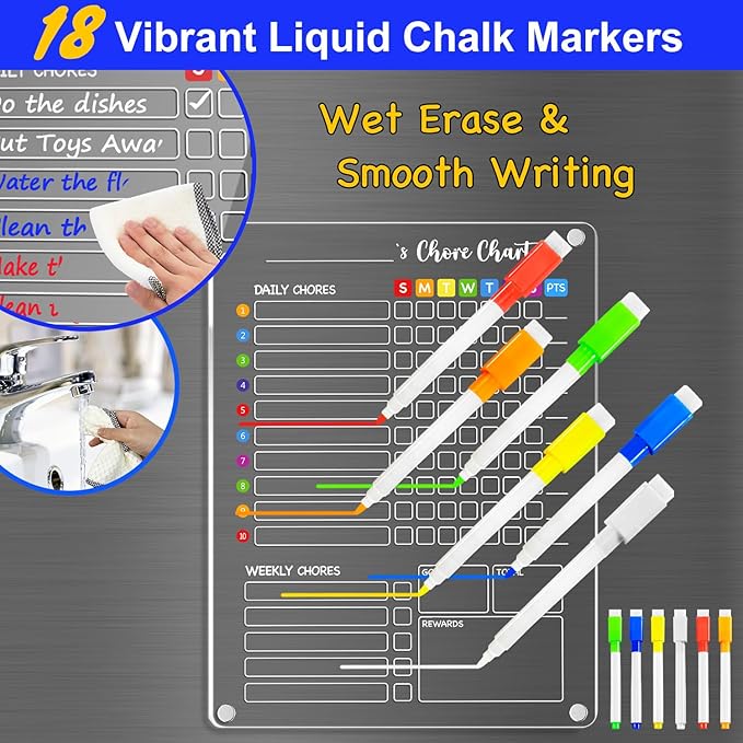PigPotParty Acrylic Magnetic Chore Chart for Kids, 12"x16" Reward Responsibility Chart, Chores Checklist, 3 Weekly Dry Erase Fridge Board for Teens Adult Family Multiple Kids, w/ 18 Markers & Towel