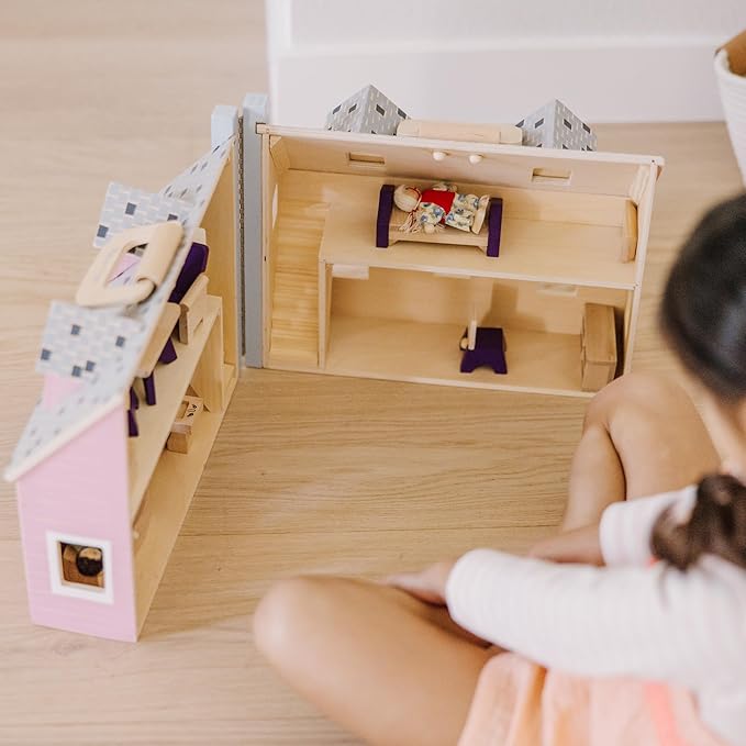 Melissa & Doug Fold and Go Wooden Dollhouse with 2 Dolls and Wooden Furniture,Multi,One Size