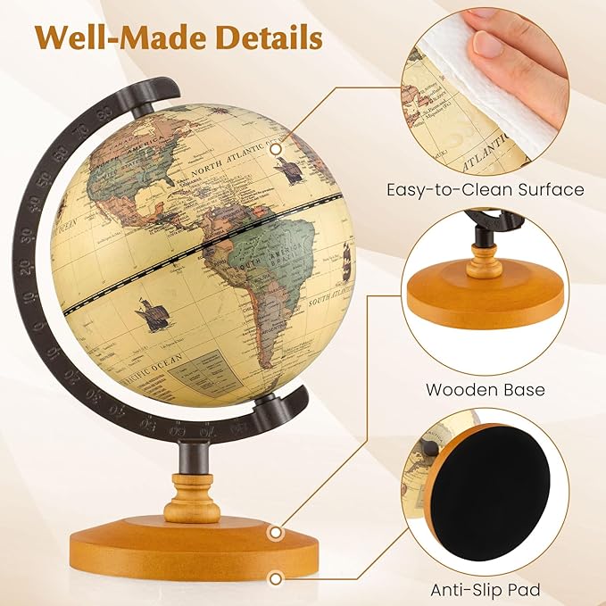 COSTWAY Antique Globe Dia 5.5-Inch, Mini Rotating World Globe w/Wooden Base, Modern Map & Vintage Color, For Kids & Adults' Geography Educational Learning, Desktop Decoration for Home Office School
