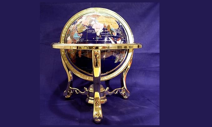 Unique Art Since 1996 14" Tall Blue Lapis Ocean Gemstone Globe with Tripod Gold Stand