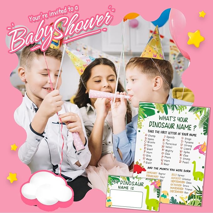 What is Your Dinosaur Name Game, Game Sign and 30 Cards, Dinosaur Birthday Party Sign for Boys and Girls, Holiday Activity, Kids Dinosaur Activity Cards, Dinosaur Activity Decoration Supplies