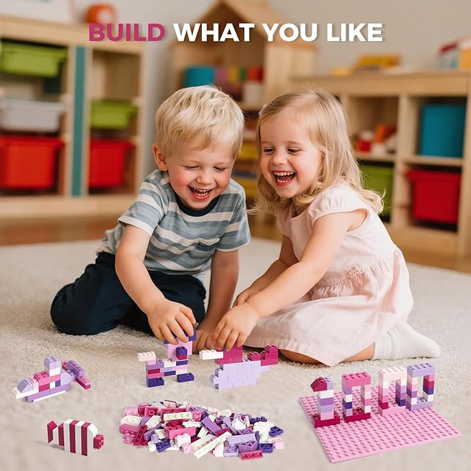 1000 Pieces Classic Building Bricks, Classic Stackable Base Plates, 3 6.3" x 6.3" White, Pink and Purple Base Plates, Compatible with All Major Brands, Toys for Ages 6-7-8-13 Girls
