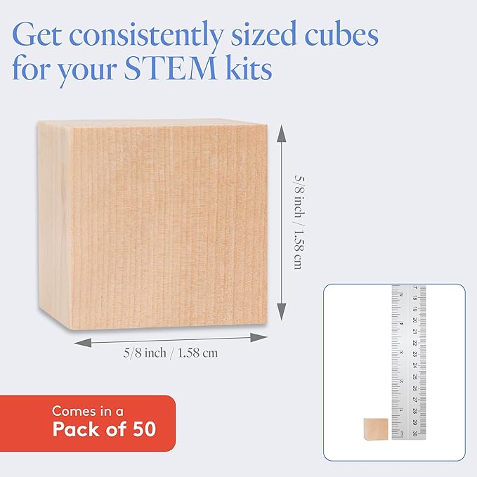 DIY Wooden Cubes 5/8-inch, Pack of 50 Small Blank Wooden Blocks, Unfinished Wood Blocks for Crafts, STEM, Dice, and Building Blocks for Stacking, by Woodpeckers
