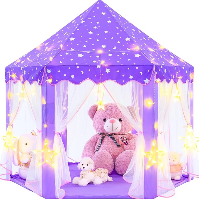 EVOIONOS Purple Princess Tent for Girls, Kids Play Tent with Large Star Lights, Castle Playhouse for Children Indoor Outdoor Games, 55 x 53 inches