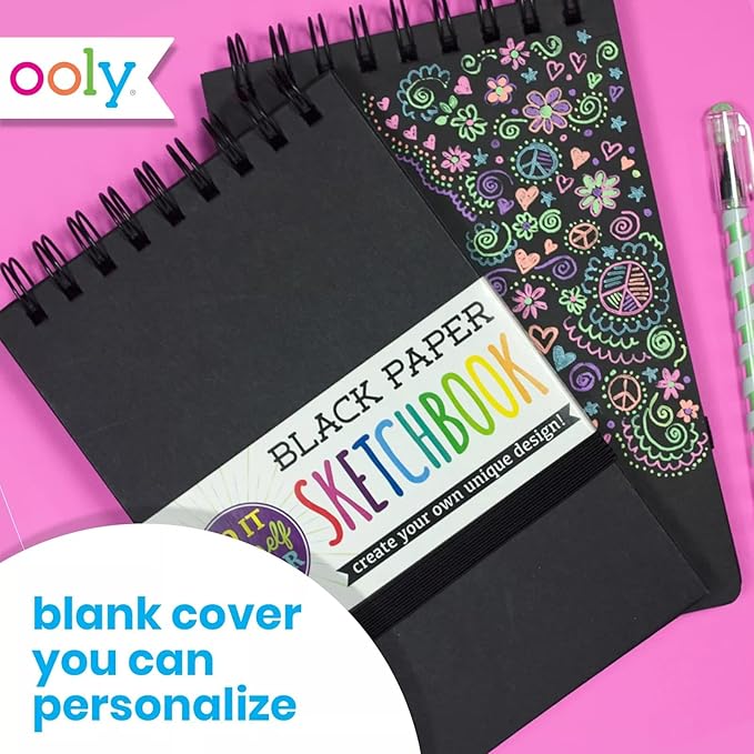 OOLY DIY Cover Small Sketchbook, 5 x 7.5 Inches, Black Paper Sketchbook, Drawing Book for Kids, Artists Drawing Pad for Gel Pens and White Pencils