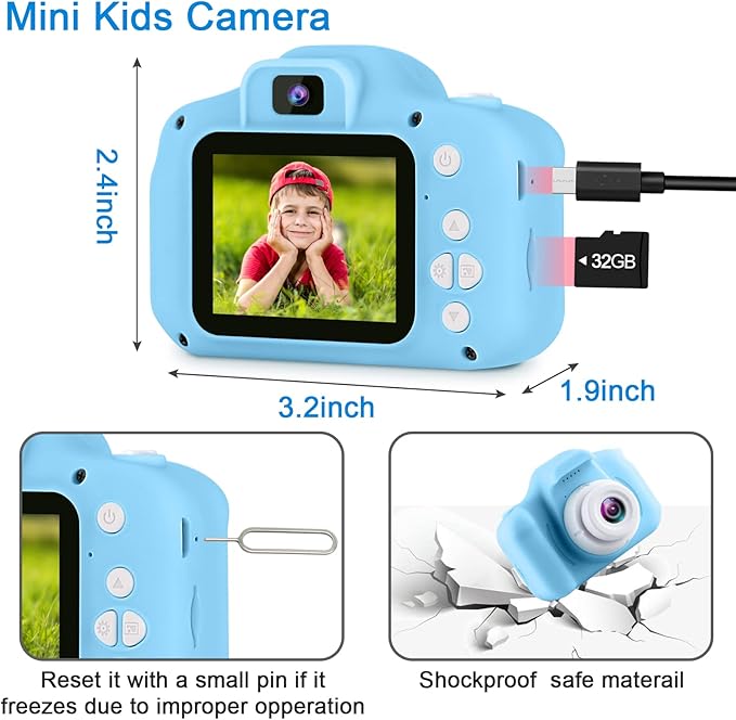 GKTZ Toys for Girls Age 3-8, Kids Camera Digital Video Toddler Camera Children Camcorder Birthday Gifts for 3 4 5 6 7 8 Year Old Girls with 32GB SD Card (Blue)