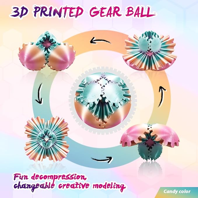 Gear Ball-3D Printed Gear Sphere,3D Printed Spin Ball Cube Fidget Toy,The Steampunk Whirling Wonder Fidget Ball Toy (Candy Rainbow)