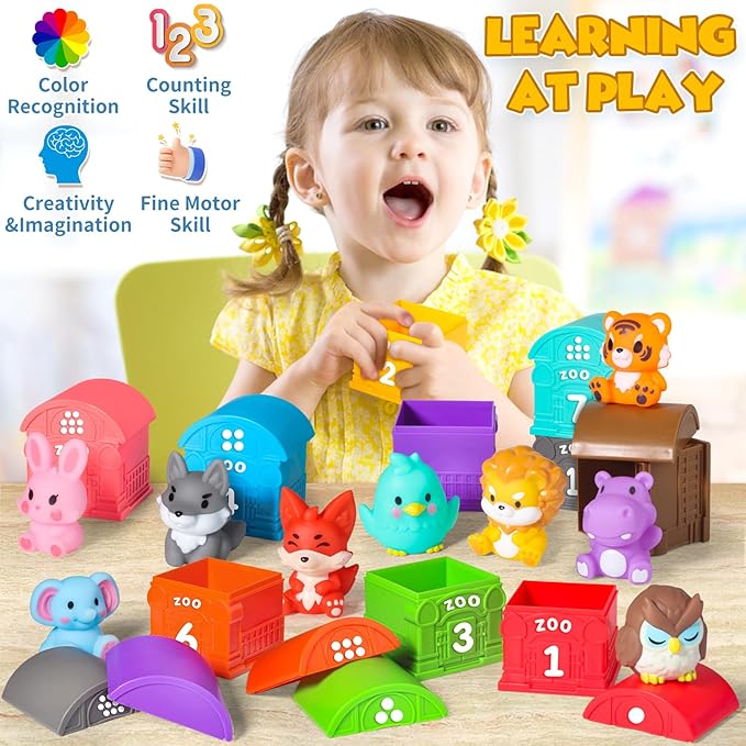 Oriate Animal Toddler Learning Toys, Sensory Learning Toy Safari Animal for Counting Sorting, Zoo Animals Educational Finger Puppets Stacking Montessori Toys, Kids Birthday Gift 20Pcs 12M+