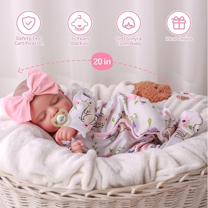 BABESIDE 20-Inch Lifelike Reborn Baby Doll with Vinyl Body – Realistic Poseable Newborn Doll with Accessories for 3+ Year Old Girls – Perfect for Pretend Play and Collecting