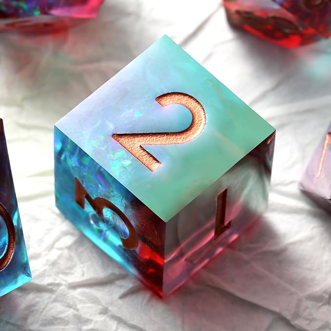 Iridescent Plating Sharp Dice, DNDND Handmade DND Resin Sharp Edge D&D Die with Gift Case for Dungeons and Dragon Tabletop Games (Iridescent Plating Red & Blue)