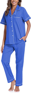 CF Womens 100% Cotton Pajamas Set Button Down Pjs Sets Short Sleeve Top & Long Pants Sleepwear Comfy Loungewear with Pockets