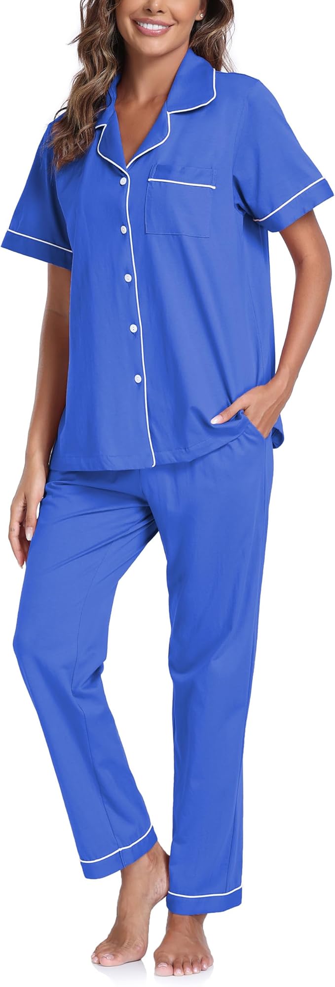 CF Womens 100% Cotton Pajamas Set Button Down Pjs Sets Short Sleeve Top & Long Pants Sleepwear Comfy Loungewear with Pockets