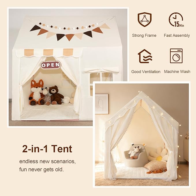 Play Tent for Kids with Star Lights, Flags, Pompoms & Gift Box, 2-in-1 Tent for Toddler with Metal Frame, Kids Indoor Playhouse, 40"x47"x50", Toy Gift for Boys & Girls