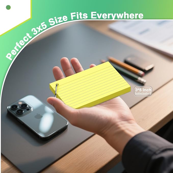 250 Count Yellow Index Cards with Ring 3 x 5 Inch Heavyweight Ruled Index Cards, Flash Cards for School & Office Supplies and Home Organization, Durable Study To Do List Note Cards with Ruled Lines