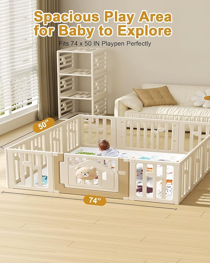 Premium Foam Baby Play Mat 74" x 50" – Removable & Machine Washable Cover, Extra Thick Padding Playpen Mat, Non-Slip Crawling Mat, Easy to Clean for Infants, Toddlers & Babies