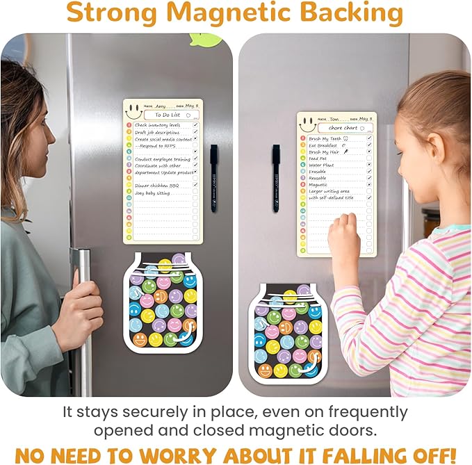 JJPRO Magnetic Dry Erase List Boards for Kids with Smiley Faces Reward Jar- 10" x5.5“ Home Chore Chart for Fridge,Daily Checklist for Toddlers,Reward Jar Positive Behavior Training -Yellow 2Pcs