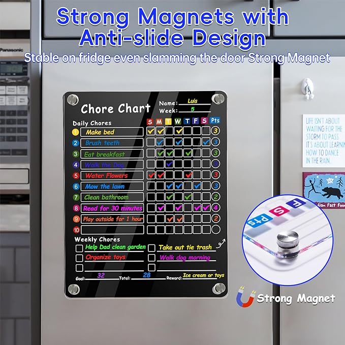 Acrylic Magnetic Chore Chart for Kids & Adults, 12"x9.5" Clear Dry Erase Reward Board - Behavior and Responsibility Refrigerator Chart for at Home Multiple Kids, Teens(w/ 8 Markers & Towel)