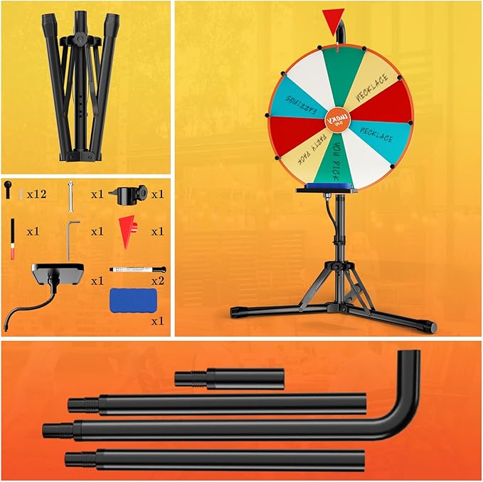Prize Wheel,16 Inch Spinning Wheel with Adjustable Folding Tripod Floor Stand,10 Slots,1Bracket, Dry Erase Kit - Wheel of Fortune Game for Carnival, Casino & Trade Show.