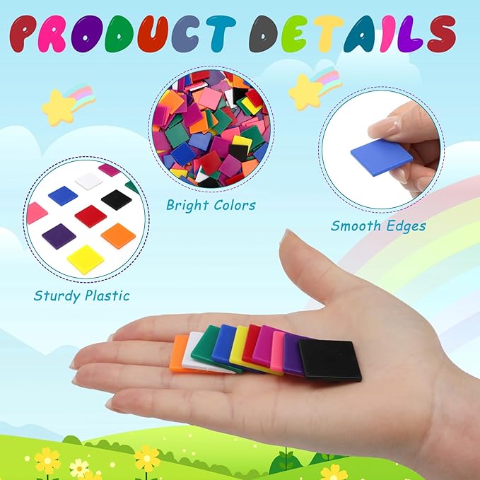 Coopay 500 Pcs Plastic Square Color Tiles, Bingo Chips, Poker Chips, Color Sorting, Math Counters, Game Tokens, Counting Manipulatives for Kids Elementary School Classroom Learning Development Toys