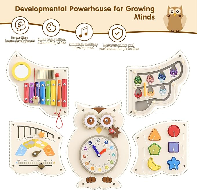 Sensory Wall Panel for Kids - Owl Wall Toys for Toddlers 1-3, Montessori Activity Wall Busy Board Toys, Activity Board for Kids, Activity Center & Sensory Room