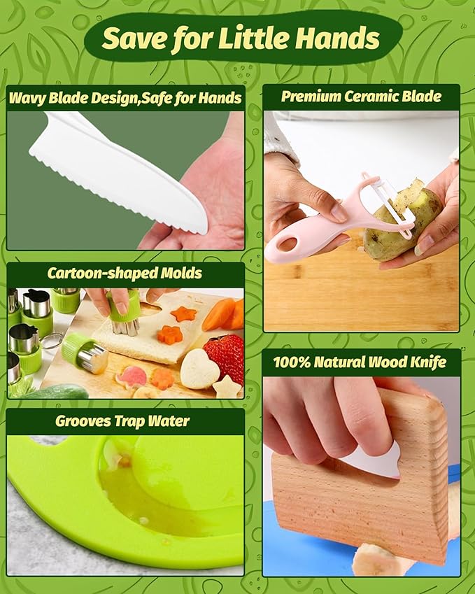 Kids Knife Set for Real Cooking, Toddler Safe Kitchen Tools, Montessori Cooking Set for Toddlers, Kids Cutting Board and Knife Set, Montessori Birthday for Kid