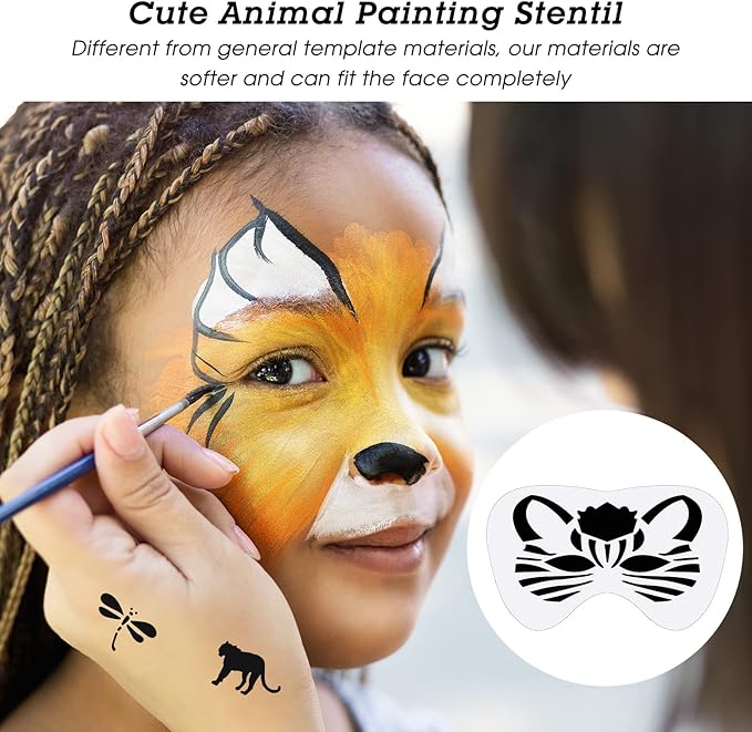 Fainne 68 Pcs Face Paint Stencils Kit, 48 Reusable Facial Painting Stencils with 10 Stickers 10 Painting Brushes Plastic Tattoo Templates for Halloween Party Makeup DIY Drawing Art (Animal Style)