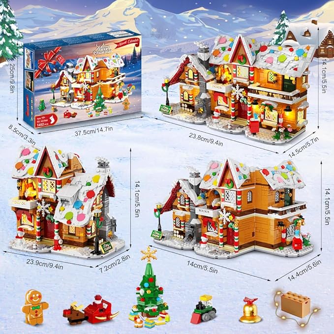 HOGOKIDS 2025 Advent Calendar Gingerbread House Mini Building Set with Light, 24 Days Countdown 3 Style Christmas Village Blocks Toy with Xmas Tree, for Adults Kids Boy Girls Ages 10+