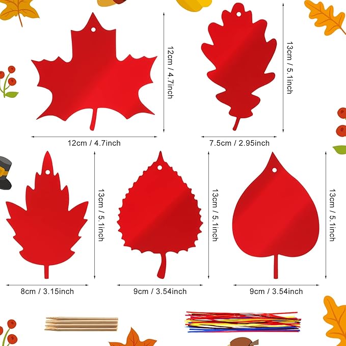 BBTO 50 Pieces Scratch Fall Leaves Colorful Scratch Leaves Paper with Ribbons and Wooden Stylus for Thanksgiving Harvest Party(Red)