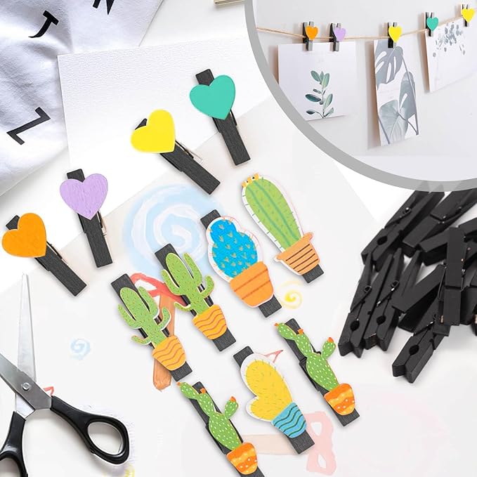 50PCS Colored Wooden Clothespins Black, 2.9inch Clothes Pins for Clip Pictures Photos Decorative, Small Colorful Wood Decoration Closepins Clips