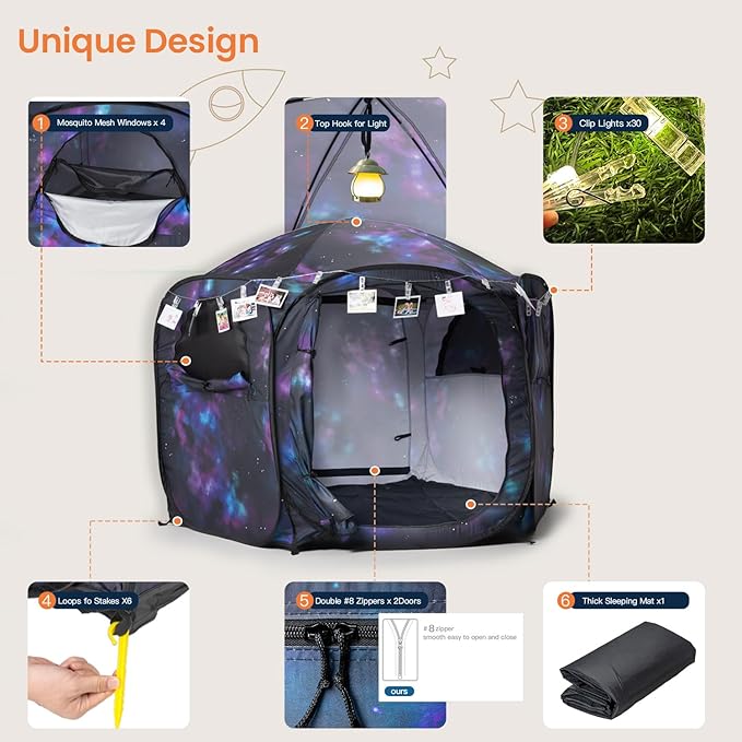Kids Pop Up Play Tent with Fairy Lights, Hexagonal House with Removable Mat, Indoor Playhouse for Children, Galaxy Theme Gift for 3-4 Kids