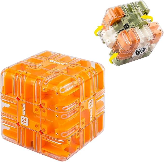 Large Labyrinth 3D Puzzle Maze Cube, Two-in-One Twist Cube Ball Maze Brain Teaser Toy, Stress Relief Fidget Game for Teens and Adults, Logic & Focus Training Gift (D-Orange)