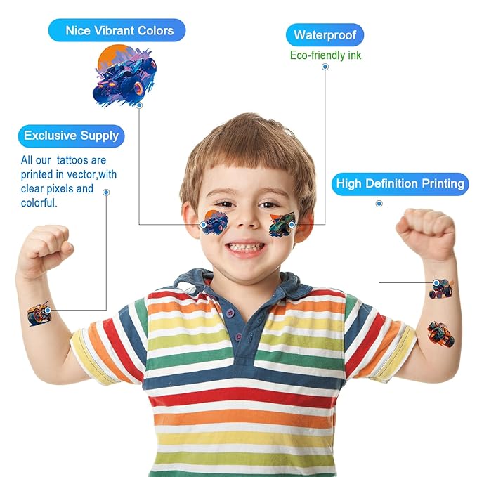 Aresvns Cool Monster Trucks Temporary Tattoo for Kids, 117 Pattern Cute Cars Cartoon Fake Tattoos for Girls Boys Goodie Bags Stuffers Birthday Party Decoration Supplies Summer Swimming Pool BBQ