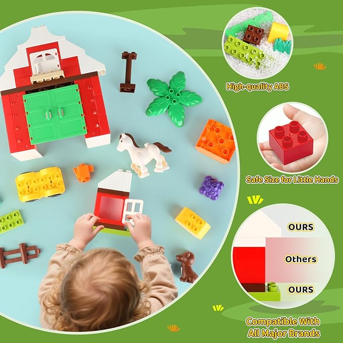 Building Blocks for Toddlers 1-3-5, Farm DIY Big Classic Building Bricks Toys Set for Kids Ages 2-4-5-8 With Barn, Animals, Truck, Compatible With All Major Brands, Gift Toy for 3-5 Boys Girls 74 Pcs