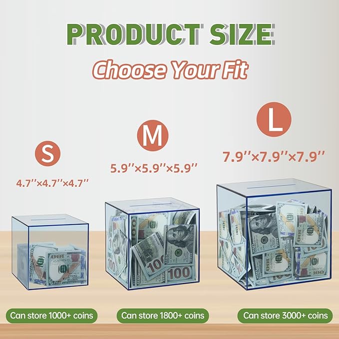 Clear Piggy Bank for Adults/Kids, Acrylic Unopenable Money Box for Cash Coin Saving, Must Break to Open, Money Saving Jar for Adults Boys Girls, Size 7.48''