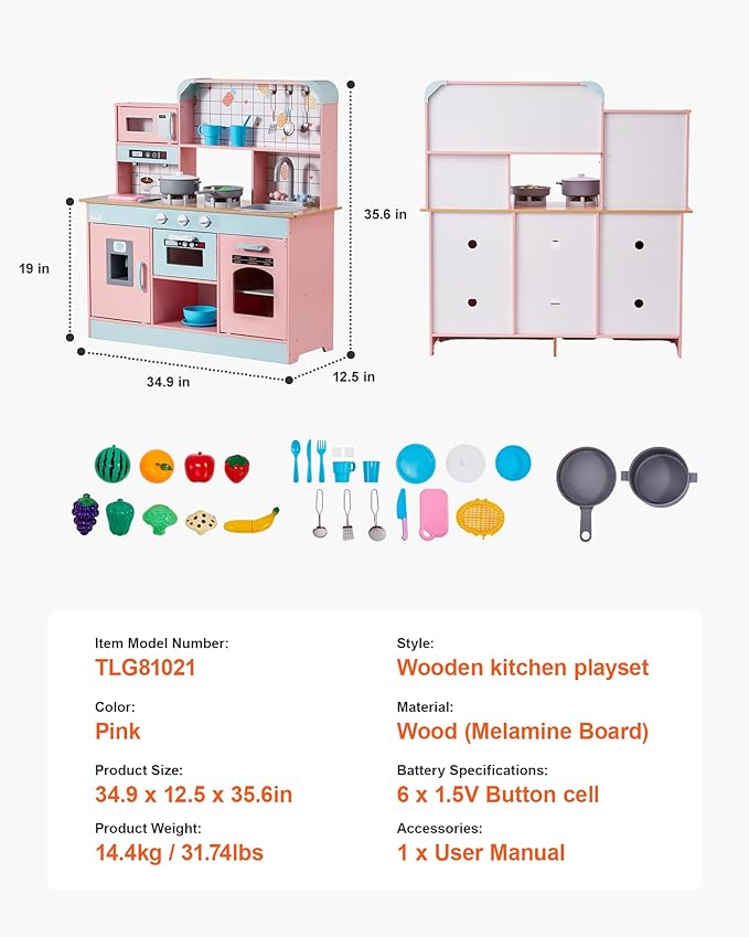 VEVOR Wooden Play Kitchen Toy, Play Kitchen for Kids with Lights and Sounds, Toddler Kitchen with Ice Maker, Oven, Sink, Microwaves, Fridge and Utensil and Fruit Accessory for Toddlers Ages 3-8, Pink