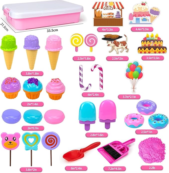 Sensory Bin Toys, Ice Cream Play Sand Set with Sensory Sand, Ice Cream Toy Molds and Cleaning Tools Sandbox with Lid Kids Play Sand Art Kits for Boys Girls 3-8 Years Old Birthday Christmas Gift