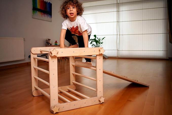 Montessori Activity Cube | Foldable Montessori Climbing Cube | Indoor 9 in 1 Transformable Activity Cube for Toddlers & Kids | Indoor Climbing Activity Wooden Playground (Cube + 2 Ramps)