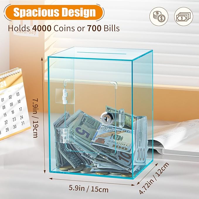 Hicocool Clear Piggy Bank with Lock, Acrylic Piggy Bank for Adults Kids Openable, Reusable Money Saving Box with Key for Birthday (Cyan)