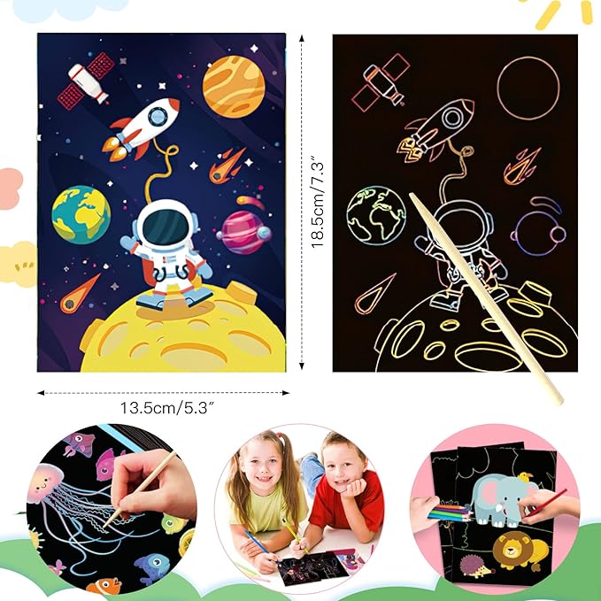 KSIWRE 3 Set Scratch Paper Art for Kids, Magic Rainbow Scratch Art with 3 Scratch Pen, Colorful Painting Book Gifts for Kids Boys Girls (Dinosaurs/Spaceman/Cute Animal)
