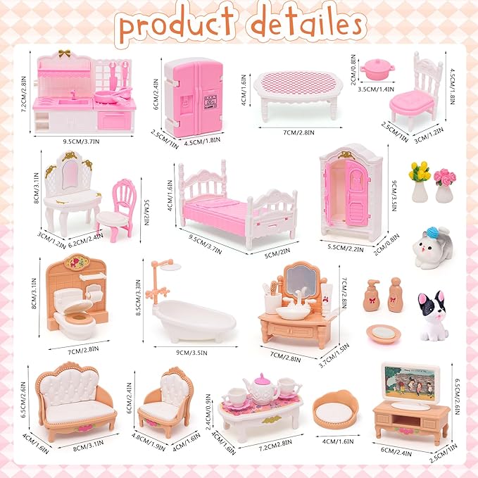 Doll House Mini Furniture 45 Pcs Dollhouse Furniture Set Accessories Pretend Play Bedroom Living Room Bathroom Kitchen for Kids Birthday and Christmas Mixed Color