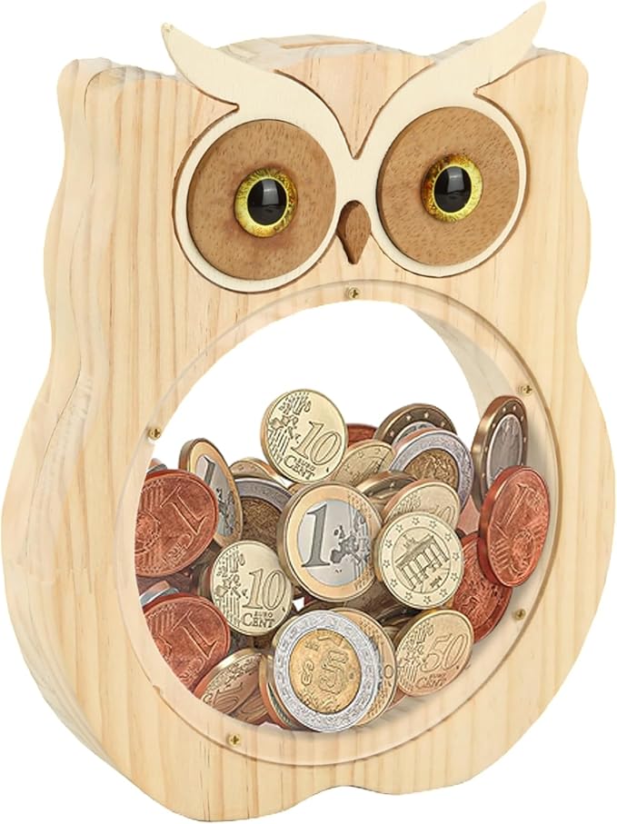 Wooden Money Bank, House-Shaped Piggy Bank with Clear Window, Decorative Coin Storage Box for Kids (Owl Piggy Bank)