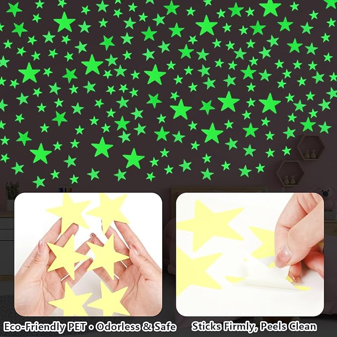 AOWDIAO Glow in The Dark Large Star Stickers – 115 Pcs (4 Sizes, 1.5‑4 in) – Luminous Ceiling & Wall Decals for Kids’ Bedroom, Nursery, Party Decor