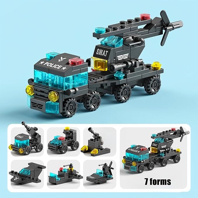 Special Police Building Blocks Toy - 7 in 1 Transformable Police Car Set, SWAT Truck & Helicopter STEM Toys for Kids Ages 6-12, Creative Birthday Gifts for Boys & Girls