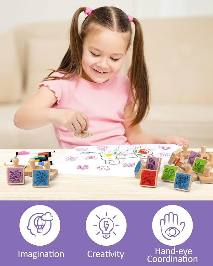 Coogam Wooden Animal Stamps Printing Toy Set, 20pcs Color Shape Stamping for DIY Scrapbook Arts Crafts Supplies Party Favor Toy Gift with Markers Suitable for 3 4 5 Year Old Kids