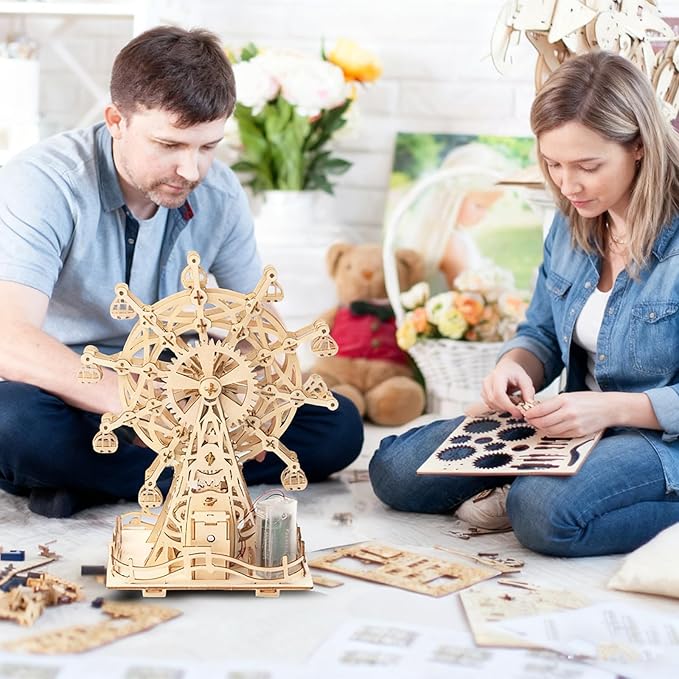 Solar 3D Wooden Puzzle Ferris Wheel DIY Model Kit Craft Sets Wood Mechanical Building Toys for Adult Men Age 14+ Years Old.