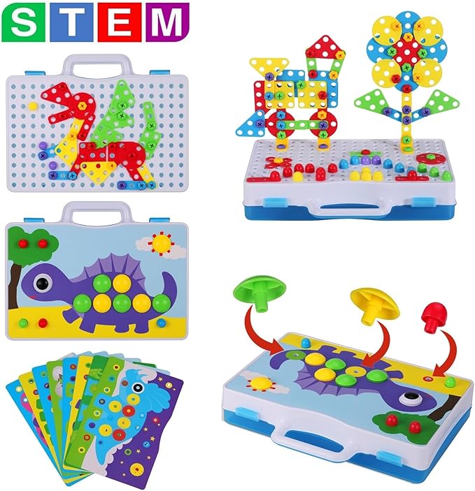 STEM Building Toys for Kids Ages 4-8 | 224-Piece STEM Drill & Build Kit with Screwdriver, Pegboard | Educational Toys for 5+ Year Old Boys Girls | Gift for Birthdays