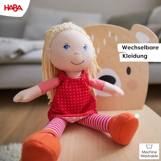 HABA 12" Soft Baby Doll Annelie with Blonde Hair, Embroidered Face, Removable Red Dress and Matching Hairband - Washable Toddler Doll for 18 Months+